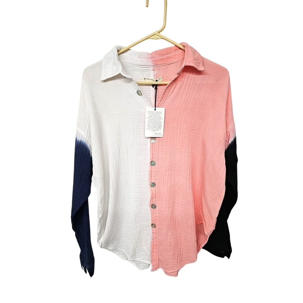 Electric & Rose Color Block Gauze Button Up Top Small Oversized Beach Preppy
